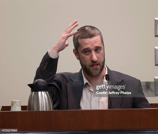 Dustin Diamond testifies in the courtroom during his trial in the Ozaukee County Courthouse May 29, 2015 in Port Washington, Wisconsin. Diamond, best...