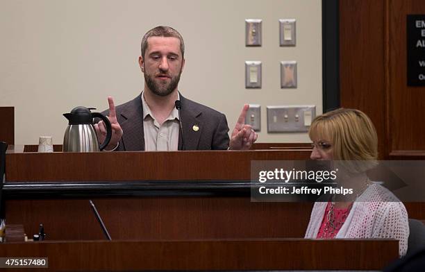 Dustin Diamond testifies in the courtroom during his trial in the Ozaukee County Courthouse May 29, 2015 in Port Washington, Wisconsin. Diamond, best...