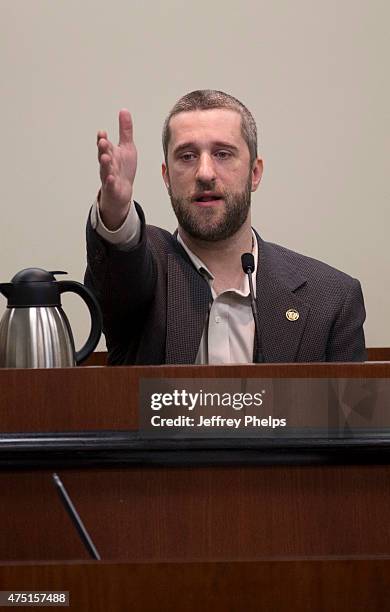 Dustin Diamond testifies in the courtroom during his trial in the Ozaukee County Courthouse May 29, 2015 in Port Washington, Wisconsin. Diamond, best...