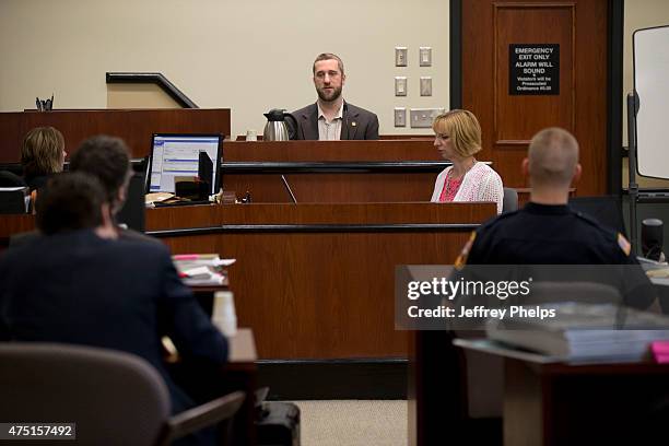 Dustin Diamond testifies in the courtroom during his trial in the Ozaukee County Courthouse May 29, 2015 in Port Washington, Wisconsin. Diamond, best...