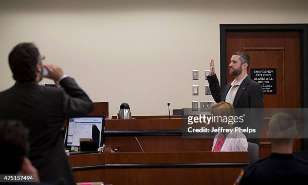Dustin Diamond prepares to testify in the courtroom during his trial in the Ozaukee County Courthouse May 29, 2015 in Port Washington, Wisconsin....
