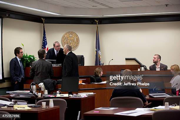 Dustin Diamond testifies as attorney speak with the judge in the courtroom during his trial in the Ozaukee County Courthouse May 29, 2015 in Port...