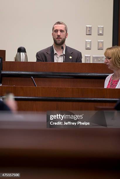 Dustin Diamond testifies in the courtroom during his trial in the Ozaukee County Courthouse May 29, 2015 in Port Washington, Wisconsin. Diamond, best...