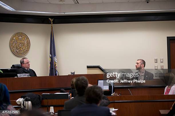 Dustin Diamond testifies in the courtroom during his trial in the Ozaukee County Courthouse May 29, 2015 in Port Washington, Wisconsin. Diamond, best...