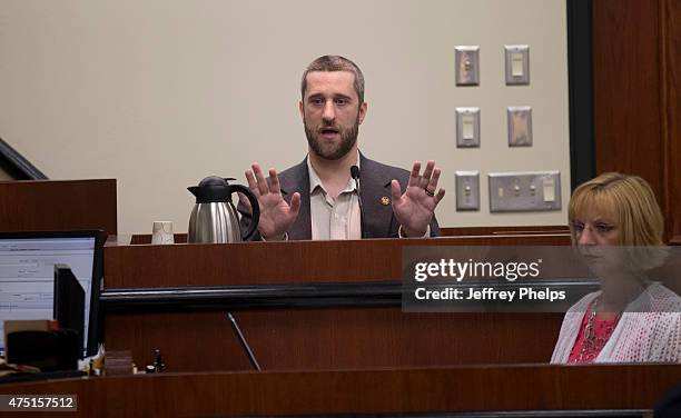 Dustin Diamond testifies in the courtroom during his trial in the Ozaukee County Courthouse May 29, 2015 in Port Washington, Wisconsin. Diamond, best...