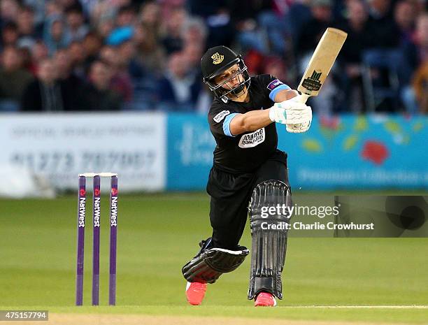 Craig Cachopa of Sussex hits out during the Natwest T20 Blast match between Sussex and Middlesex at The BrightonandHoveJobs.com County Ground on May...