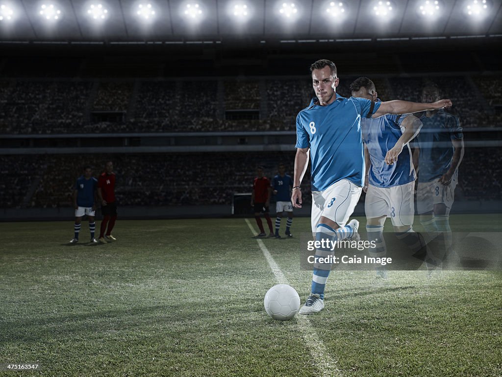 Soccer player approaching ball on field