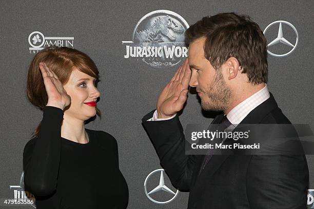 Actors Bryce Dallas Howard and Chris Pratt attend the 'Jurassic World' Premiere at Cinema UGC Normandie on May 29, 2015 in Paris, France.