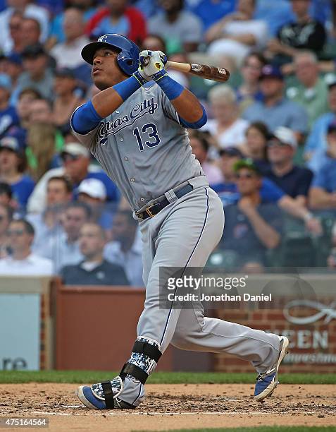 Salvador Perez of the Kansas City Royals hits a solo home run in the 4th inning against the Chicago Cubs at Wrigley Field on May 29, 2015 in Chicago,...