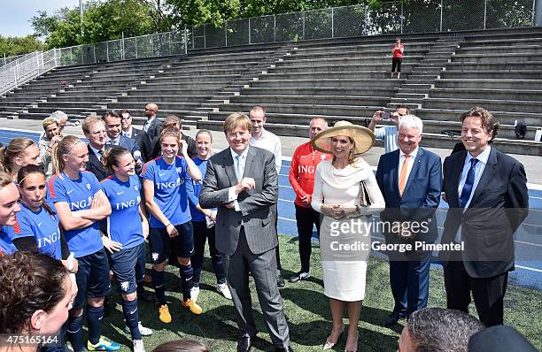 King Willem-Alexander and Queen Maxima of the Netherlands visit the FIFA Dutch Womens National team at Monarch Park Stadium during the state visit to...