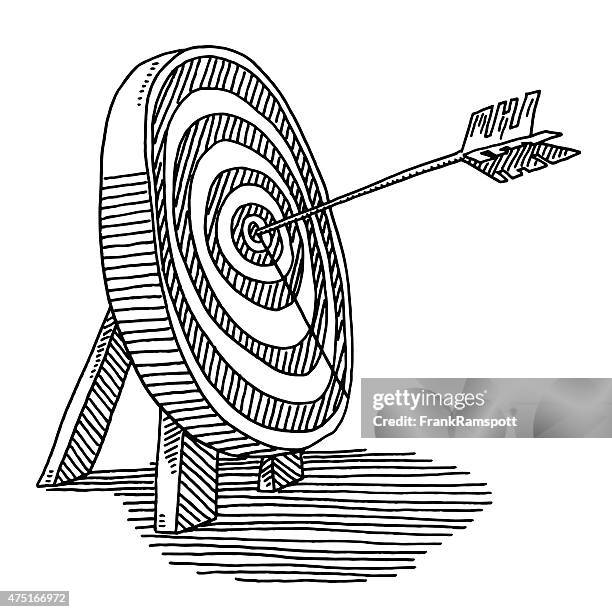 perfect arrow in the center of the target drawing - bull's eye stock illustrations