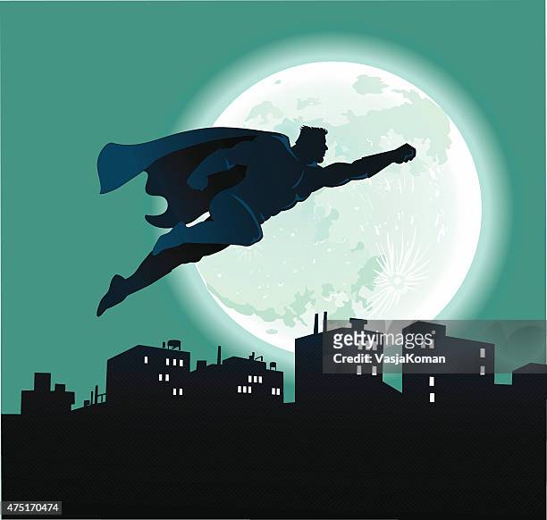 superhero flying over city at night and full moon - heroes after dark stock illustrations