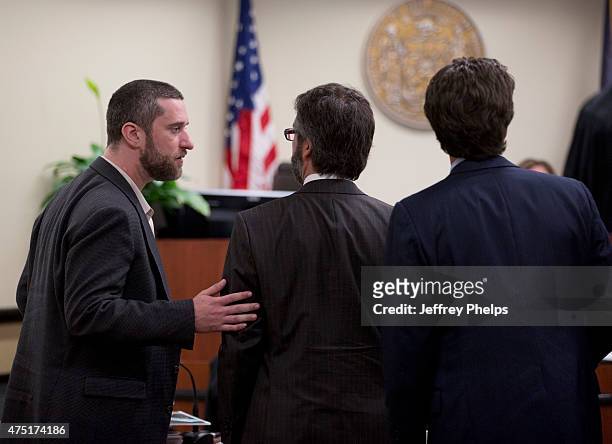 May 29: Dustin Diamond listens to his attorneys during his trial in the Ozaukee County Courthouse May 29, 2015 in Port Washington, Wisconsin....