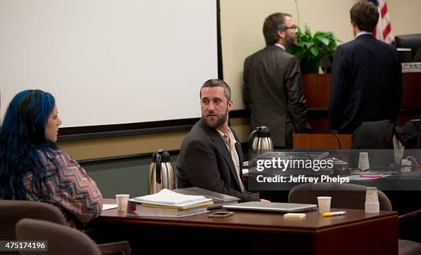 May 29: Dustin Diamond, looks over at his fiancee, Amanda Schutz during his trial in the Ozaukee County Courthouse May 29, 2015 in Port Washington,...