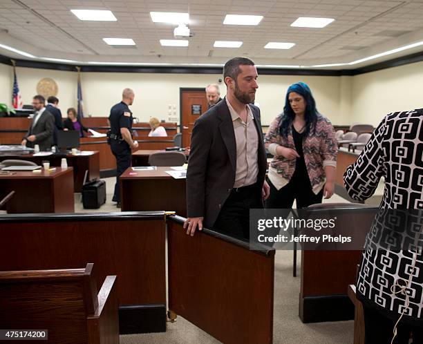 May 29: Dustin Diamond and fiancee Amanda Schutz leave a courtroom as his trial was given to the jury in the Ozaukee County Courthouse May 29, 2015...