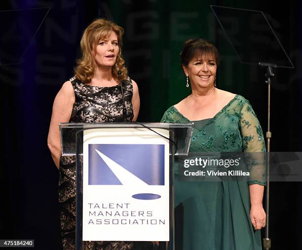 Producers of the 2015 Heller Awards Kim Jago and Deborah Del Prete speak at the TMA Manager of the Year Award at The TMA 2015 Heller Awards on May...