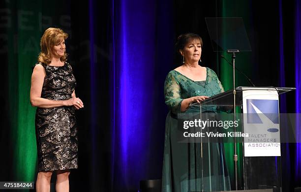 Producers of the 2015 Heller Awards Kim Jago and Deborah Del Prete speak at the TMA Manager of the Year Award at The TMA 2015 Heller Awards on May...