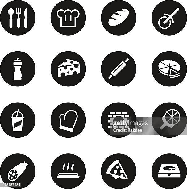 pizza icons - black circle series - delicatessen stock illustrations