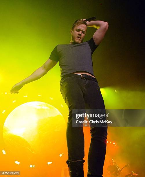 Dan Reynolds of Imagine Dragons performs at Philips Arena on February 26, 2014 in Atlanta, Georgia.