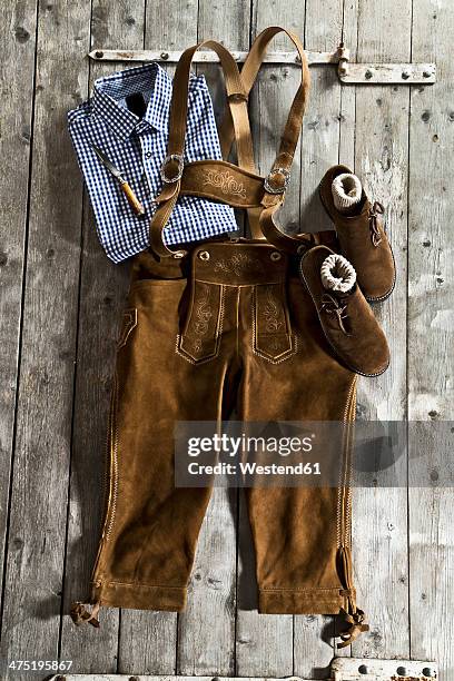 leather trousers, traditional shirt and haferlschuh, traditional bavarian shoe - lederhosen stock pictures, royalty-free photos & images