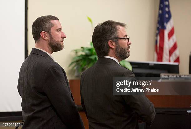 Dustin Diamond listens to the reading of a split verdict in an Ozaukee County Courthouse May 29, 2015 in Port Washington, Wisconsin. Diamond was...