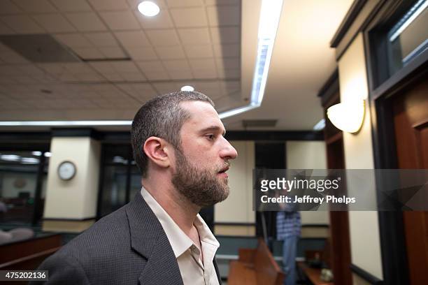 Dustin Diamond walks out of the coutroom after a split verdict in an Ozaukee County Courthouse May 29, 2015 in Port Washington, Wisconsin. Diamond...