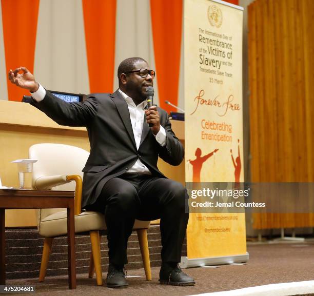 Director Steve McQueen speaks at a Q&A following a special screening of "12 Years A Slave" at the ECOSOC Chamber at the United Nations on February...