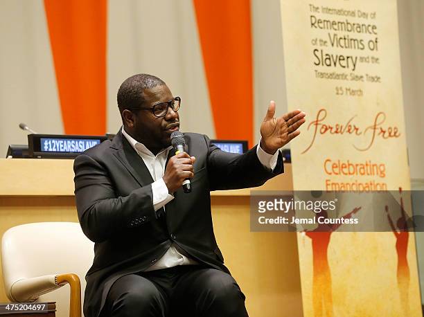 Director Steve McQueen speaks at a Q&A following a special screening of "12 Years A Slave" at the ECOSOC Chamber at the United Nations on February...