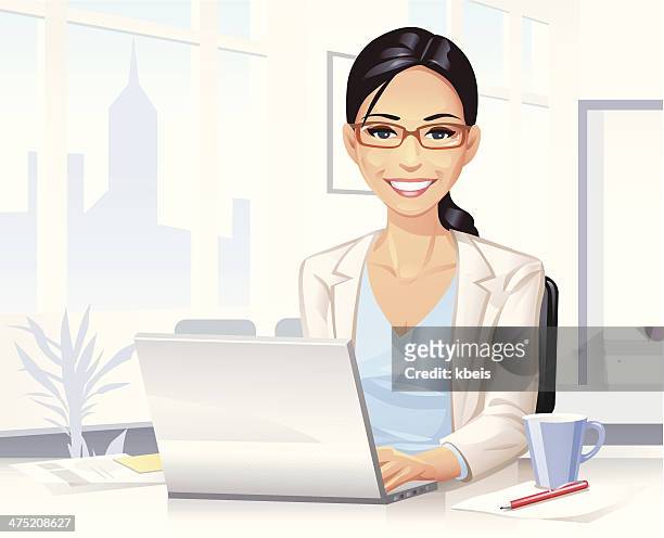 ilustraciones, imágenes clip art, dibujos animados e iconos de stock de mujer joven trabajando en la computadora portátil - braided hair