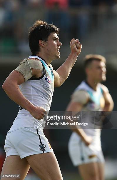 Angus Monfries of the Power celebrates a goal during the round nine AFL match between the Melbourne Demons and the Port Adelaide Power at Traeger...