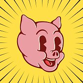 Vintage cartoon pig character face, smiling piglet