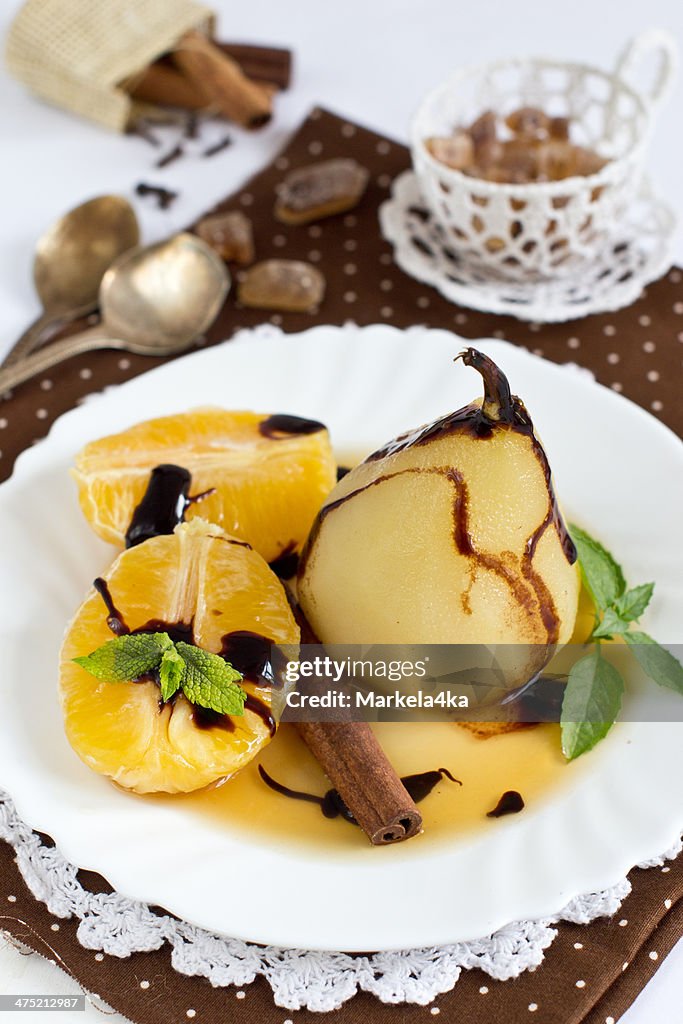 Pear poached in white wine