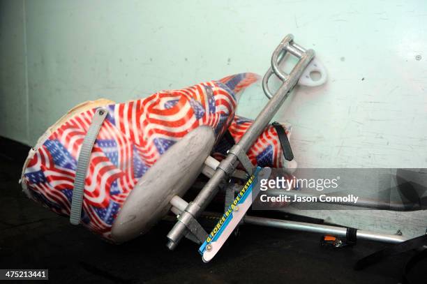 Sled leans up against the boards prior to the U.S. Paralympic Sled Hockey Team's practice at the Sertich Ice Arena on February 26, 2014 in Colorado...