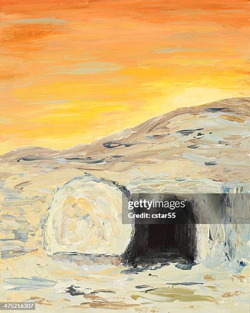 religious: easter sunrise and empty tomb art painting - christ tomb stock illustrations