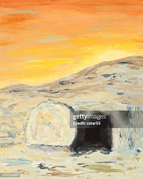 religious: easter sunrise and empty tomb art painting - tomb stock illustrations