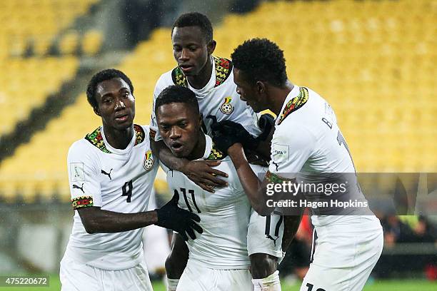 To R, Joseph Bempah, Abraham Attobrah, Yaw Yeboah and Benjamin Tetteh of Ghana celebrate Yeboah's goal during the Group B FIFA U-20 World Cup New...