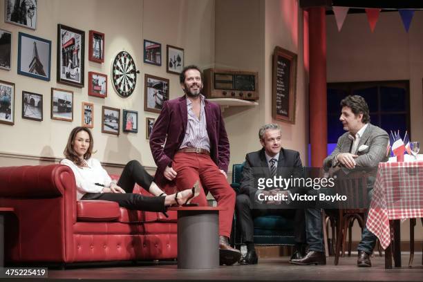 Philippe Lellouche, Christian Vadim, David Brecourt, Vanessa Demouy pose on the stage at Theatre Du Gymnase before L'Appel De Londres Theater play on...