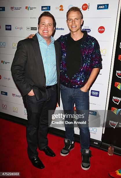 Chas Bono and Shane Jenek arrive at the 2014 Sydney Gay & Lesbian Mardi Gras VIP Party on February 27, 2014 in Sydney, Australia.