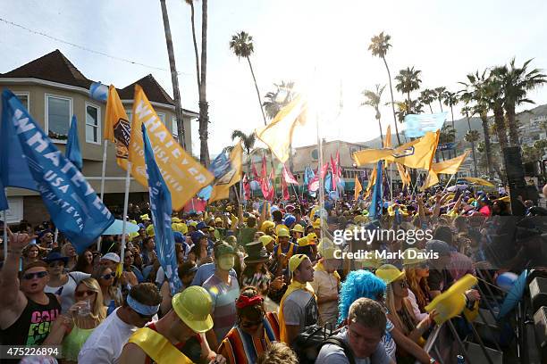 Guests attend the welcome parade at Bud Light's Whatever, USA on May 29, 2015 in Catalina Island, California. Bud Light invited 1,000 consumers to...