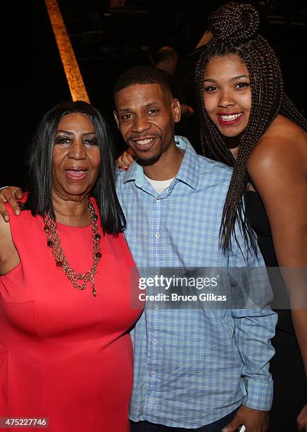 Aretha Franklin, son Kecalf Cunningham and grandaughter Victorie Cunnigham pose backstage at the hit musical "Chicago" on Broadway at The Ambassador...