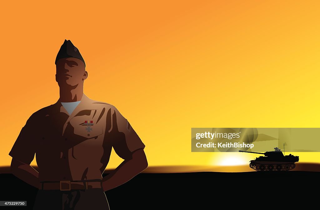US Soldier Standing at Attention, Tank Background