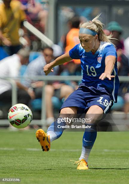 Julie Johnston of the United States takes a shot against Ireland in the second half of their international friendly match on May 10, 2015 at Avaya...