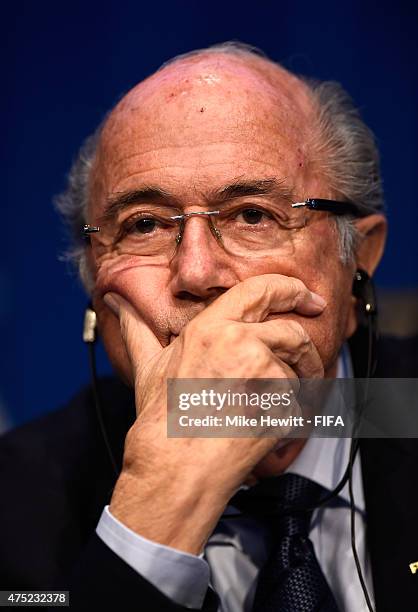 President Joseph S. Blatter addresses the media during the post 65th FIFA Congress press conference at FIFA Headquarters on May 30, 2015 in Zurich,...