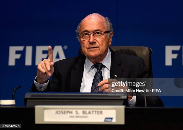 President Joseph S. Blatter addresses the media during the post 65th FIFA Congress press conference at FIFA Headquarters on May 30, 2015 in Zurich,...