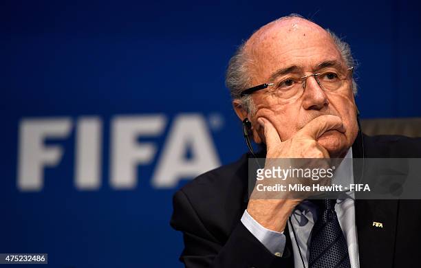 President Joseph S. Blatter addresses the media during the post 65th FIFA Congress press conference at FIFA Headquarters on May 30, 2015 in Zurich,...