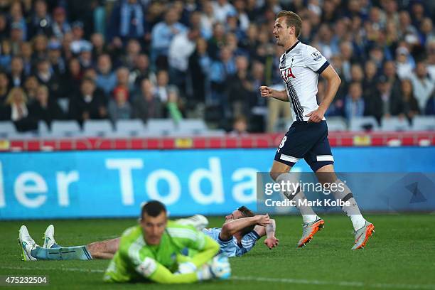 Harry Kane of Tottenham Hotspur celebrates scoring a goal during the international friendly match between Sydney FC and Tottenham Spurs at ANZ...