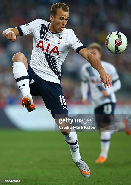 Harry Kane of Tottenham Hotspur jumps to control the ball during the international friendly match between Sydney FC and Tottenham Spurs at ANZ...