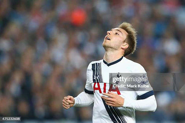 Christian Eriksen of Tottenham Hotspur reacts after a missed chance during the international friendly match between Sydney FC and Tottenham Spurs at...