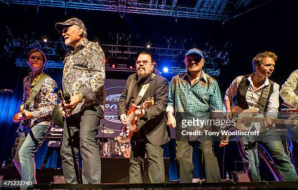 Mike Love, Roy Wood and Bruce Johnston of the Beach Boys perform at the Barclaycard Arena on May 29, 2015 in Birmingham, England.