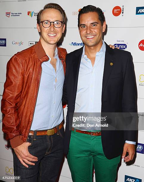 Victor Hold and Alex Greenwich arrive at the 2014 Sydney Gay & Lesbian Mardi Gras VIP Party on February 27, 2014 in Sydney, Australia.